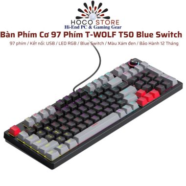 Bàn Phím Cơ 97 Phím T-WOLF T50 Blue Switch Màu Đen Xám