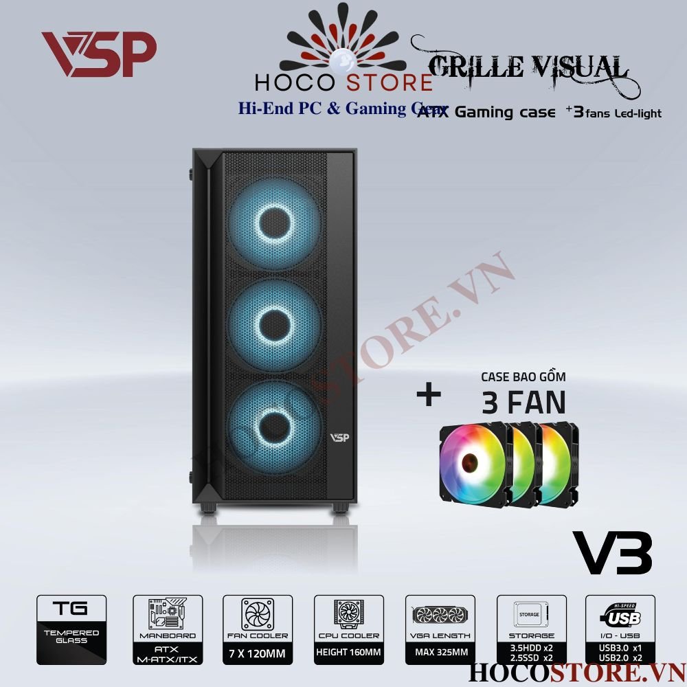Vỏ Case Máy Tính Gaming VSP V3 - Màu Đen Tower (Kèm 3 Fan Led) | Hoco Store PC