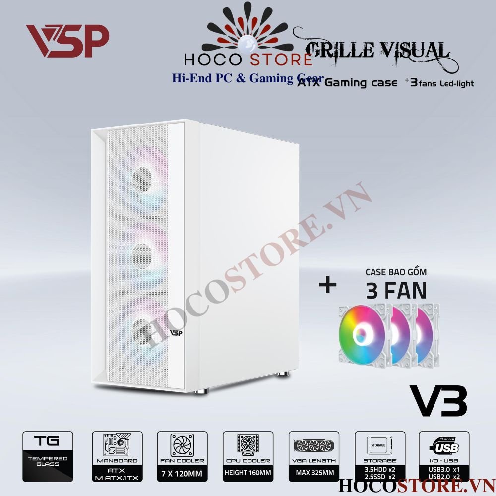 Vỏ Case Máy Tính Gaming VSP V3 - Màu Trắng Tower (Kèm 3 Fan Led) | Hoco Store PC