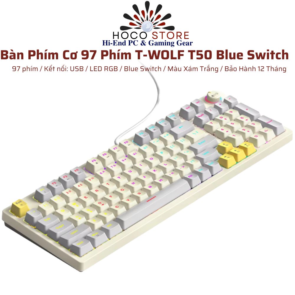 Bàn Phím Cơ 97 Phím T-WOLF T50 Blue Switch Màu Xám Trắng