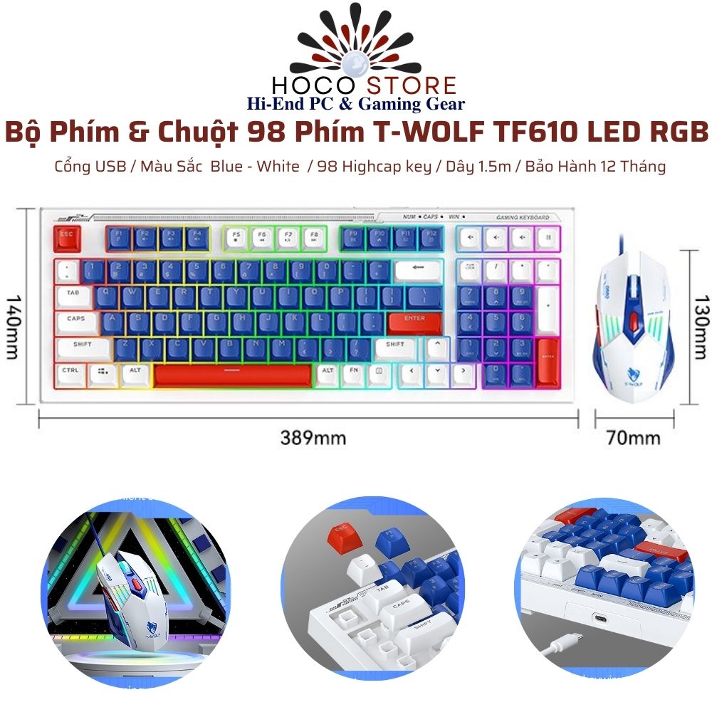 Bộ Phím Chuột LED RGB T-WOLF TF610 Xanh Trắng