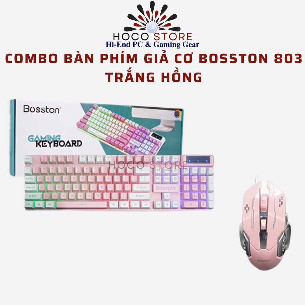 Combo bàn Phím Giả Cơ và Chuột Bosston 803 Màu Trắng Hồng